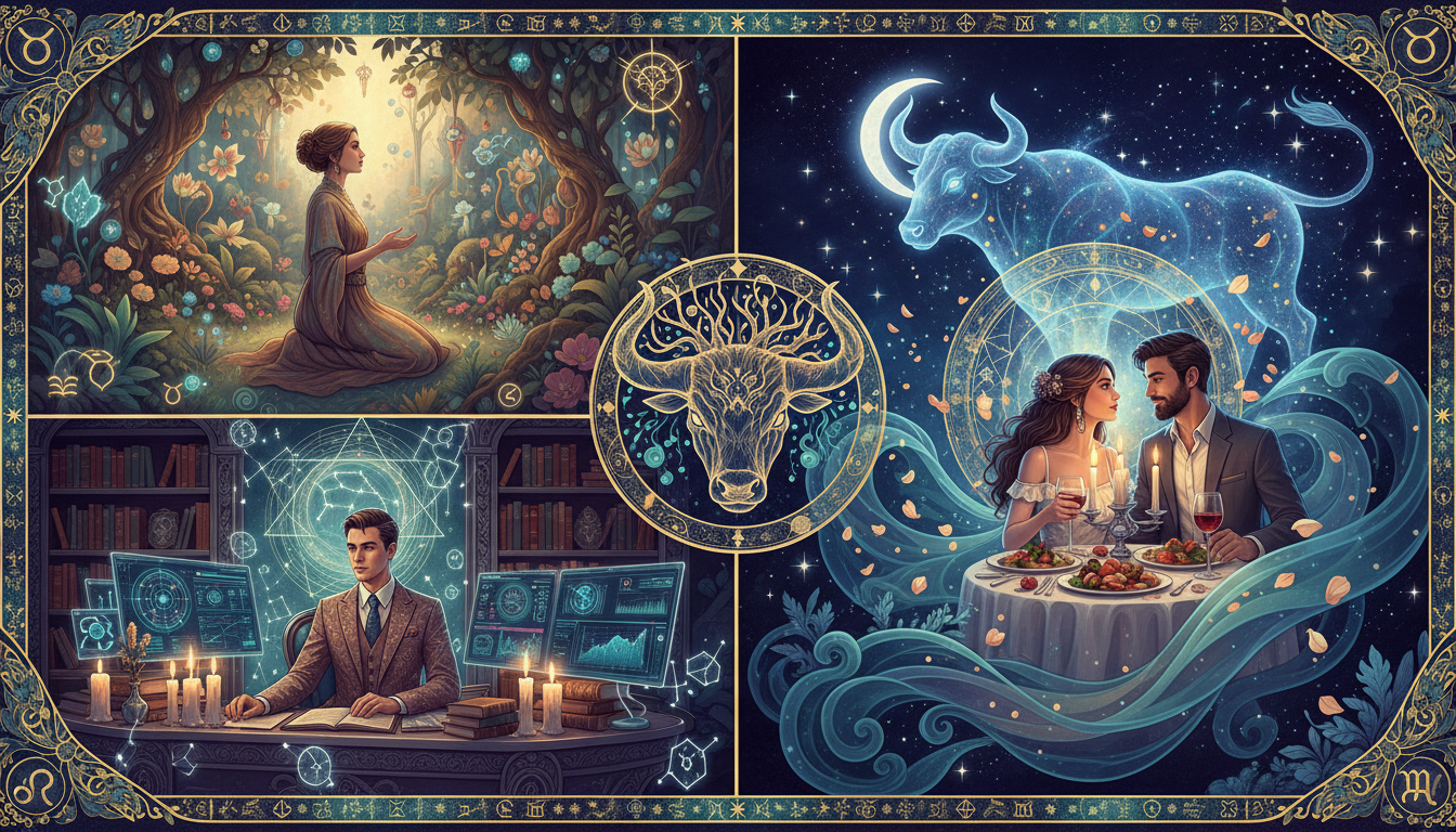 Колаж от различни ситуации, свързани с Телеца - човек, който се наслаждава на красива градина, друг, който работи усърдно в офис, двойка, която споделя романтична вечеря