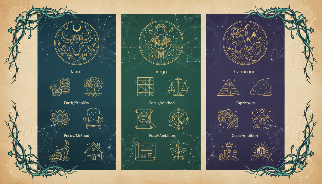 Стилизирана таблица, сравняваща Телеца, Девата и Козирога по ключови характеристики