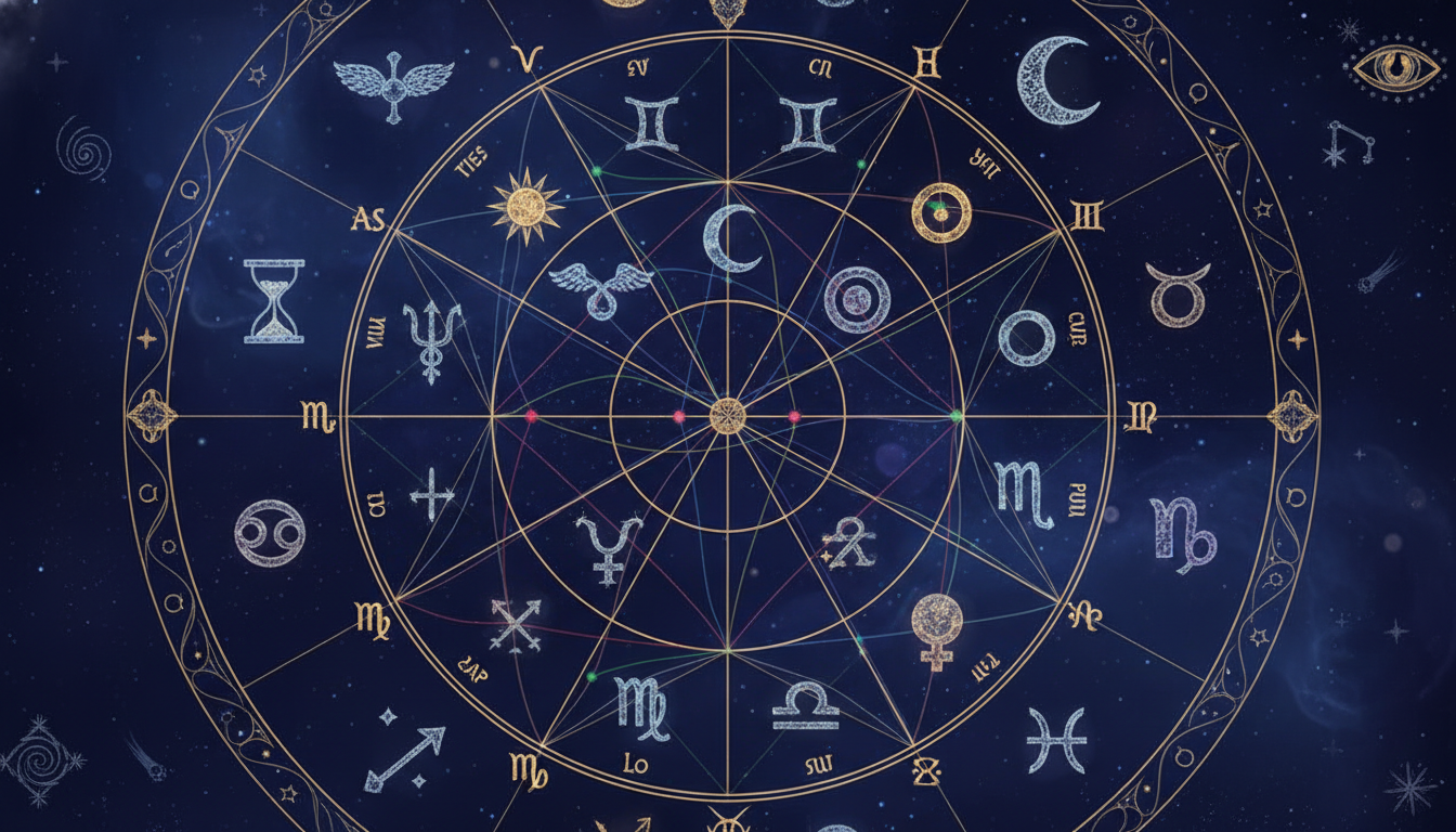 Детайлна астрологична карта с планети, знаци и домове