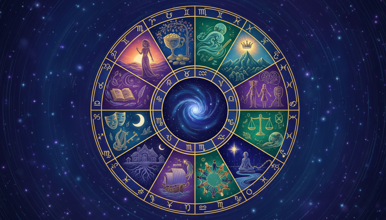 Илюстрация на 12-те астрологични дома като сектори от кръг