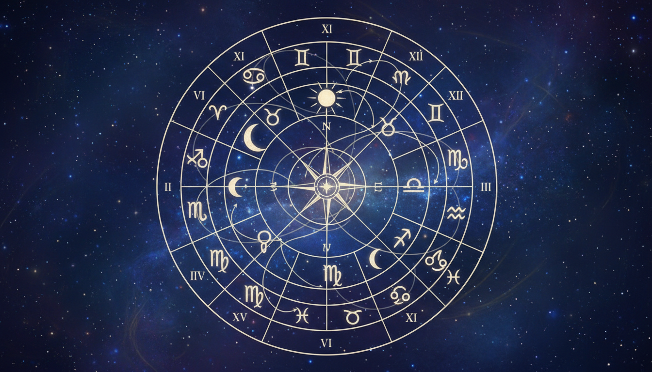 Схема на натална карта, показваща как планетите се намират в определени домове