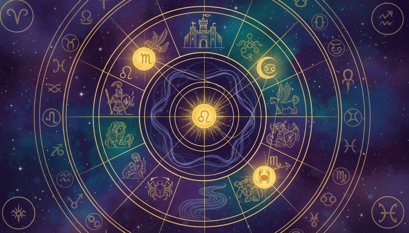 Примерна натална карта с маркирани доминиращи планети и техните домове