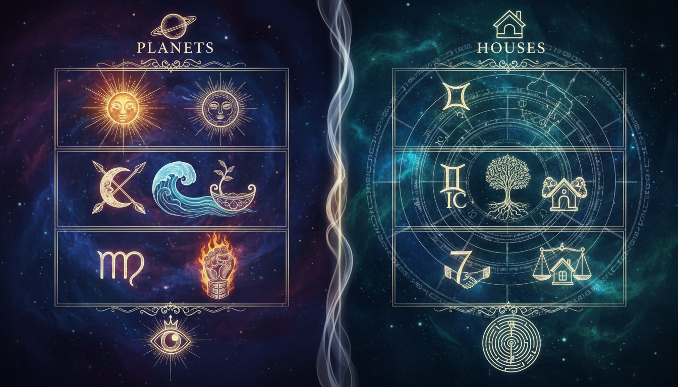 Таблица, сравняваща основните характеристики на планетите и домовете