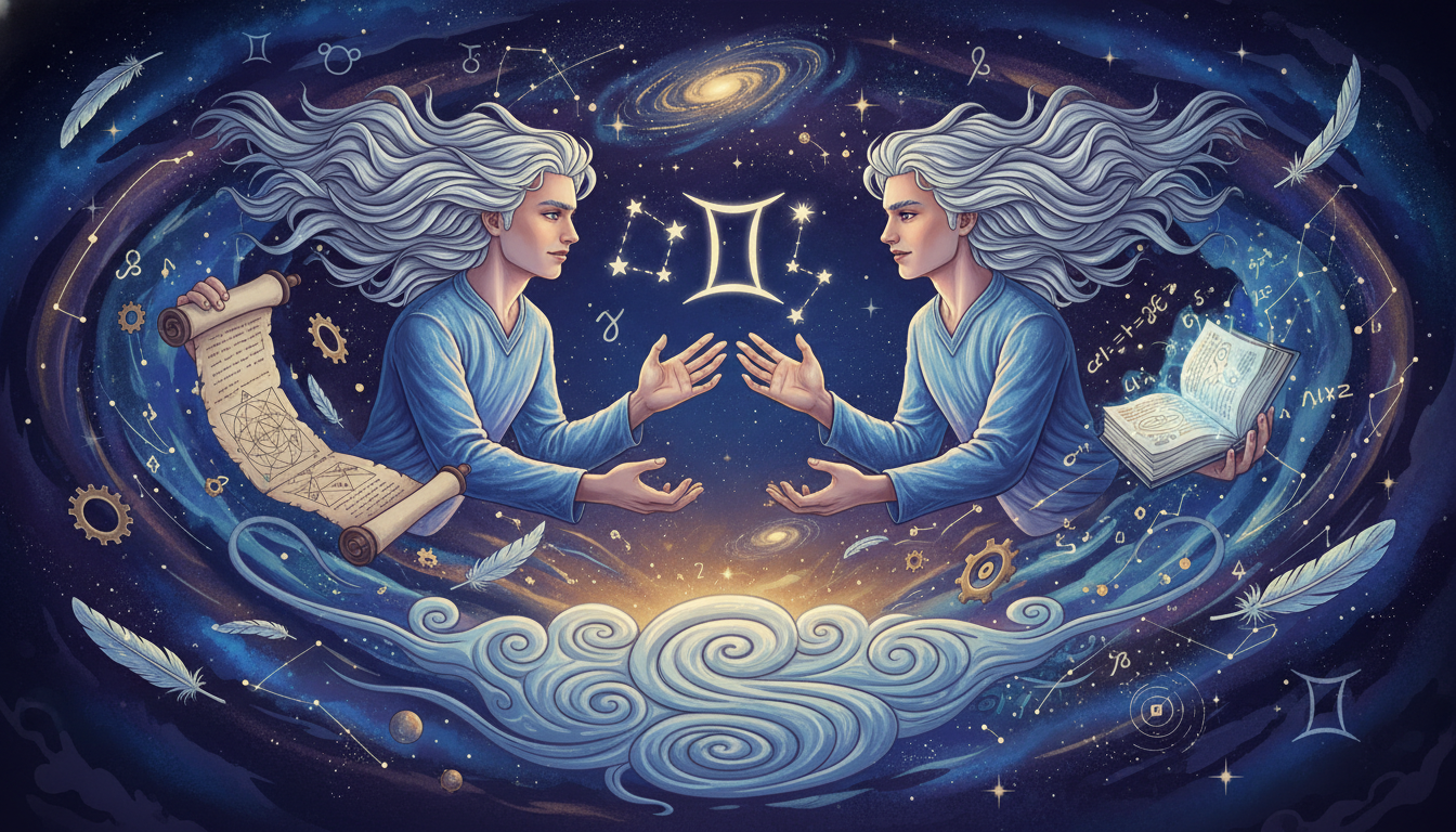 двама близнаци, символизиращи зодиакалния знак, в динамична и интелектуална обстановка