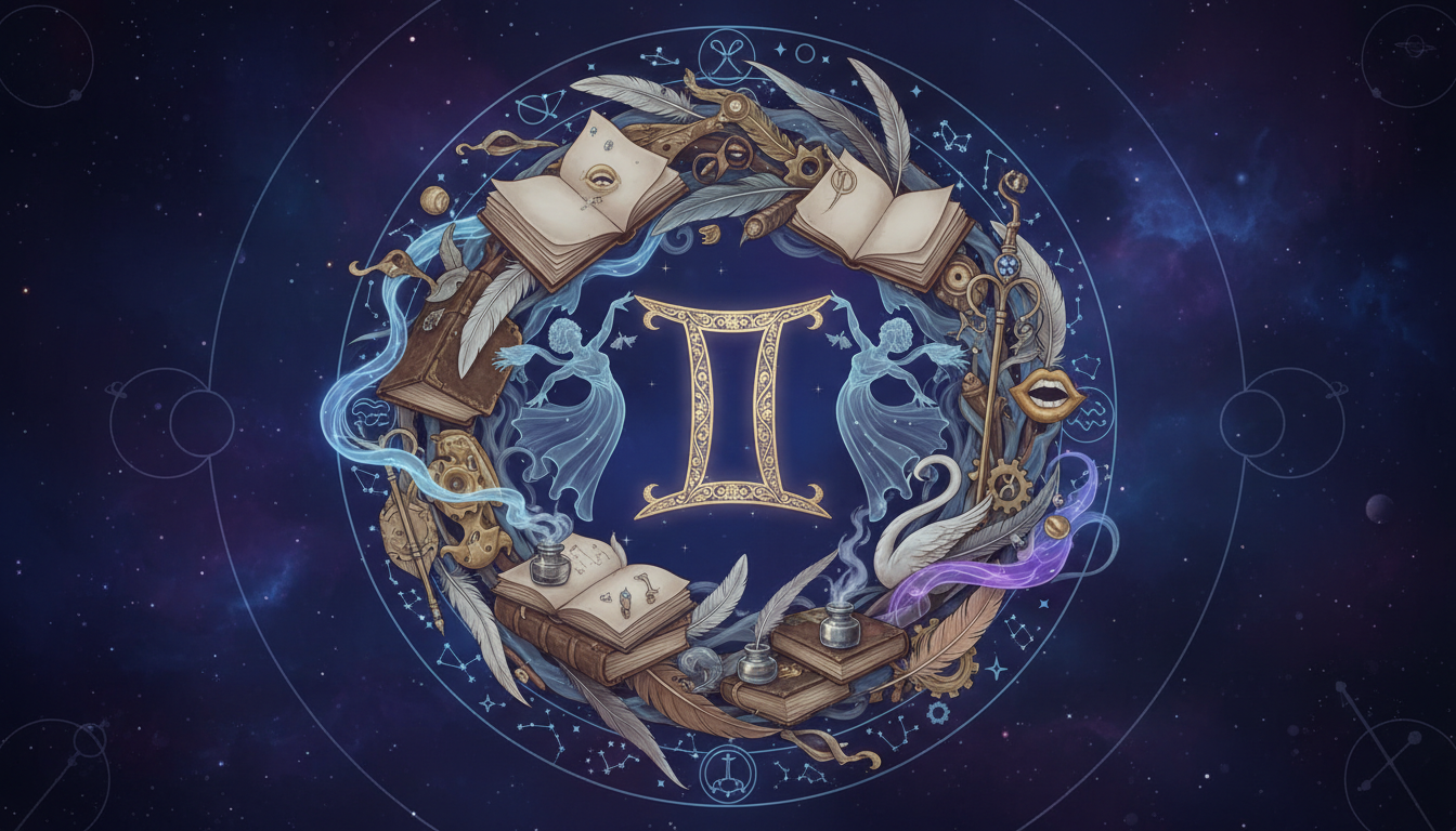 символът на Близнаци (♊) заобиколен от книги, пера и комуникационни символи