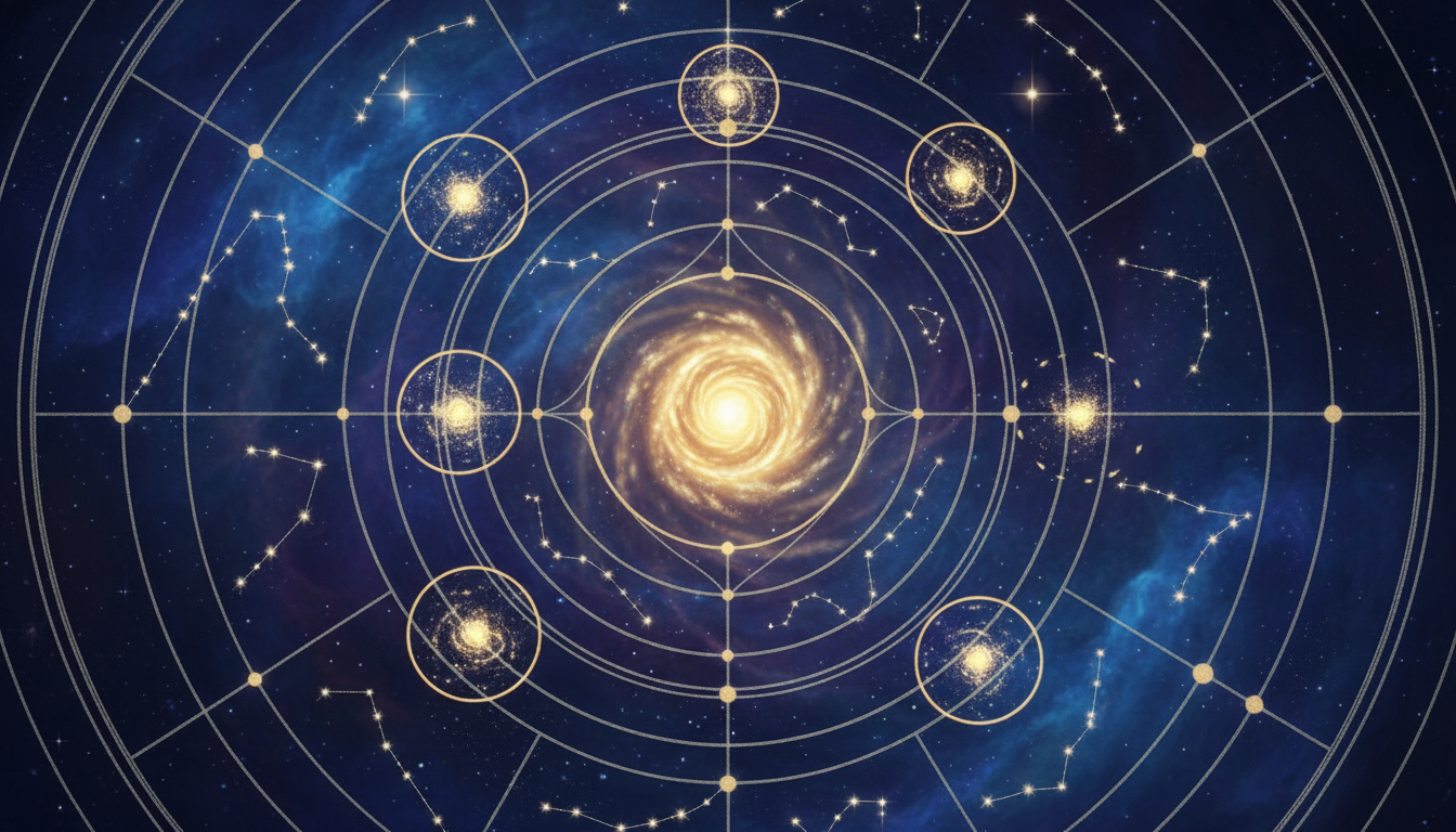 Мистична карта на небето с подчертани възли и звезди