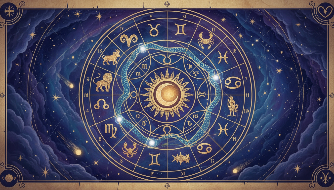 Колело на зодиака с възела, маркиран на различни знаци и домове