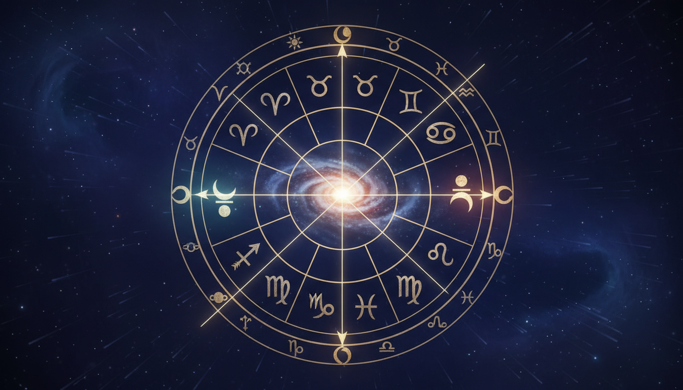 Визуална схема на зодиакалния кръг с отбелязани оси на възлите