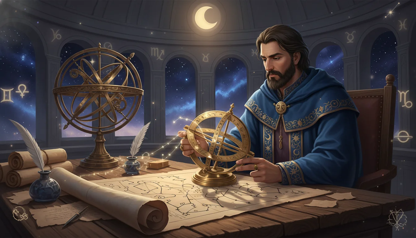 Средновековен астролог, работещ с астролабия и звездна карта в обсерватория
