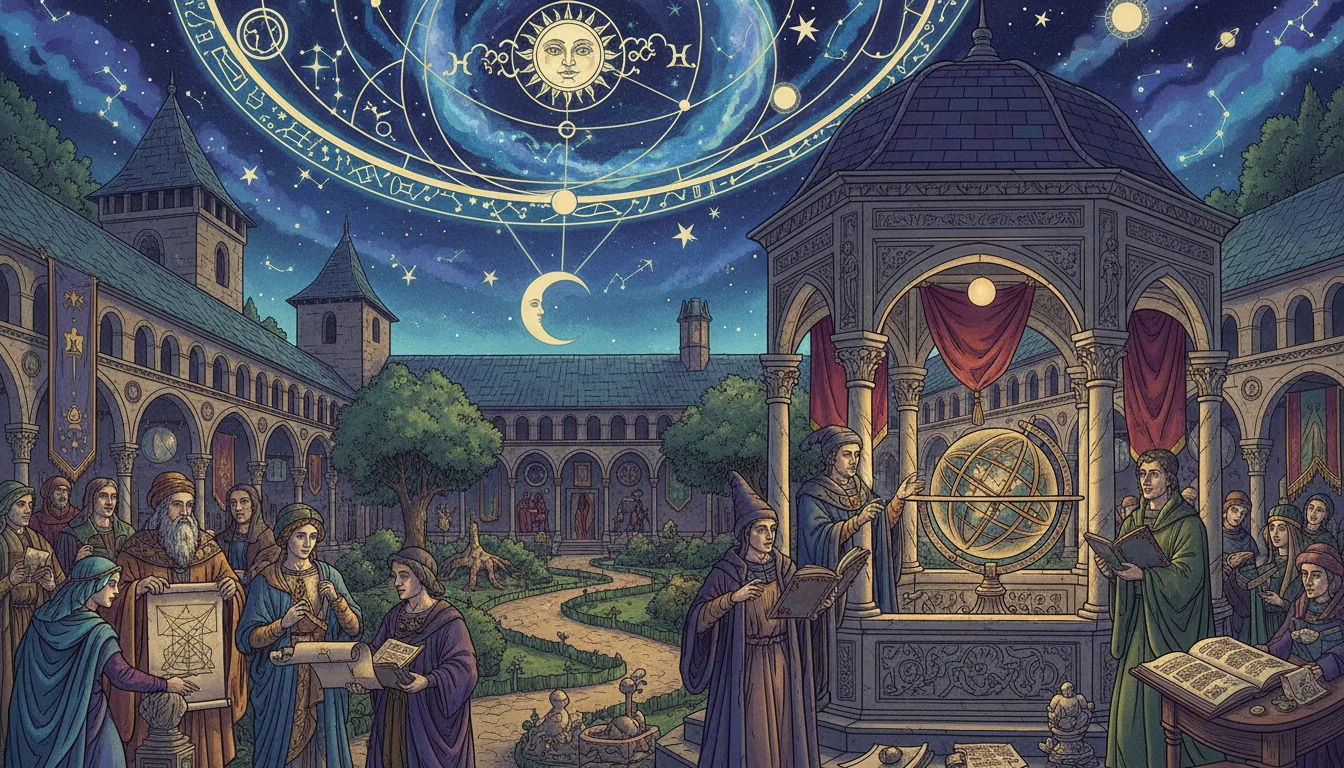 Средновековен университетски двор, където се преподават астрология и философия