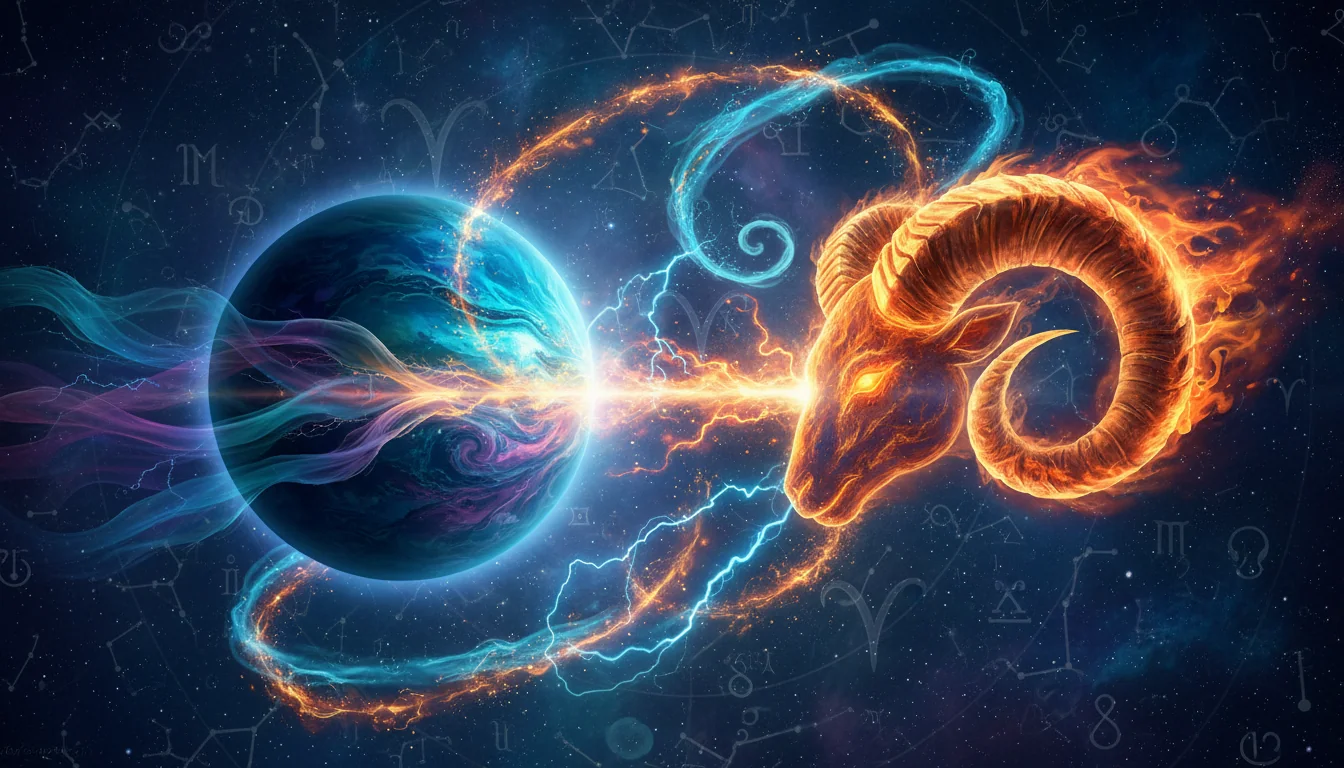 мистична планета Нептун, навлизаща в огнения знак на Овен с искри и синя мъгла