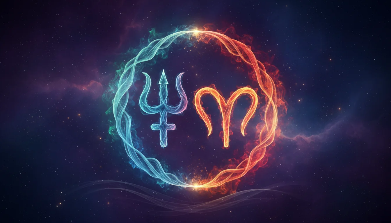 астрологични символи на Нептун и Овен, преплетени в светеща енергия