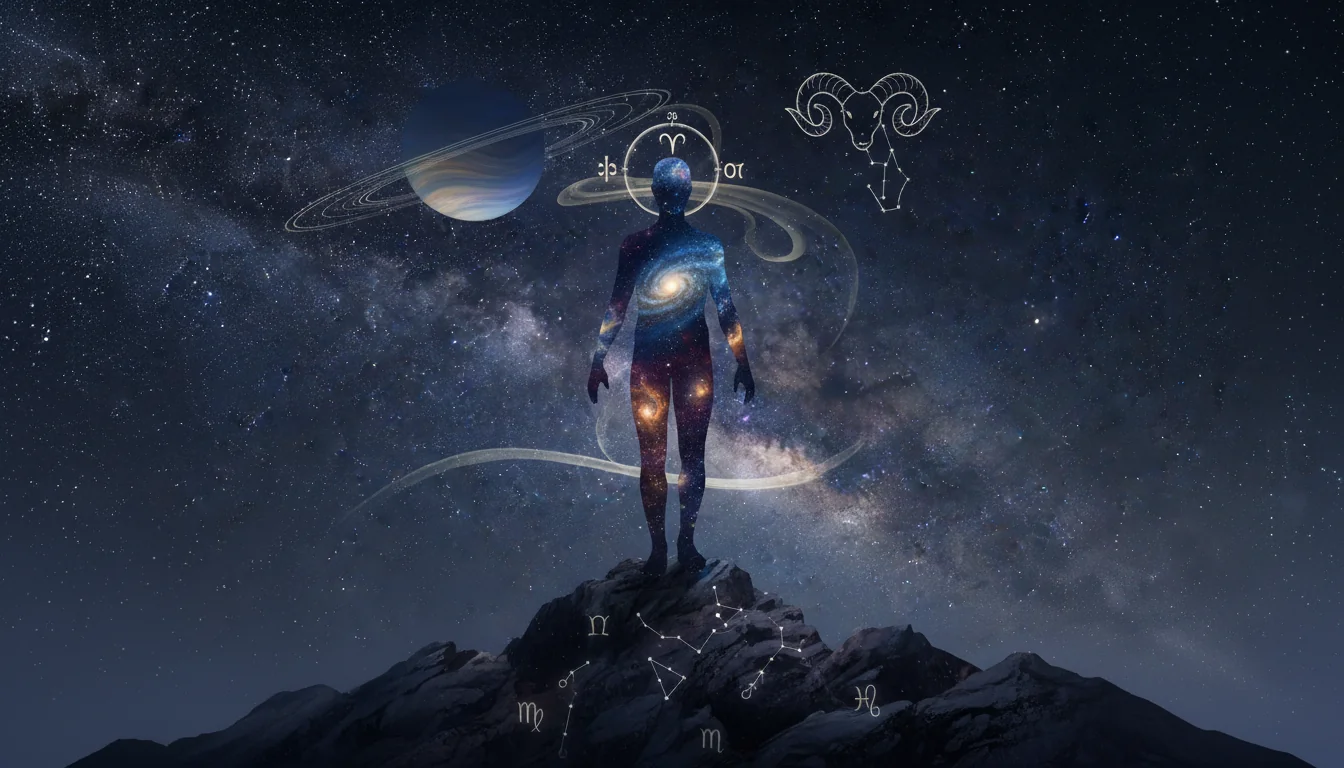 човешки силует, изпълнен с галактики, стоящ на върха на планина под звездно небе
