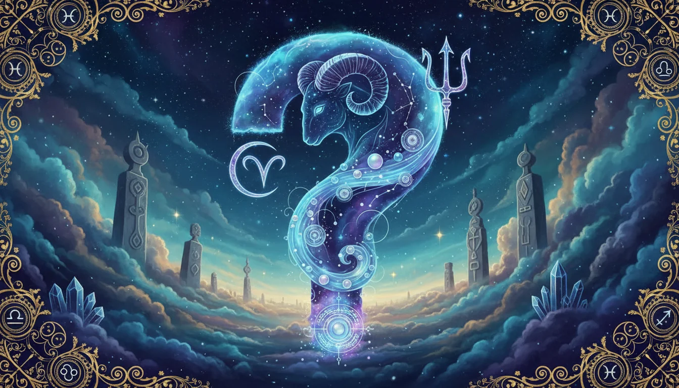 въпросителен знак с астрологични символи и мистична атмосфера