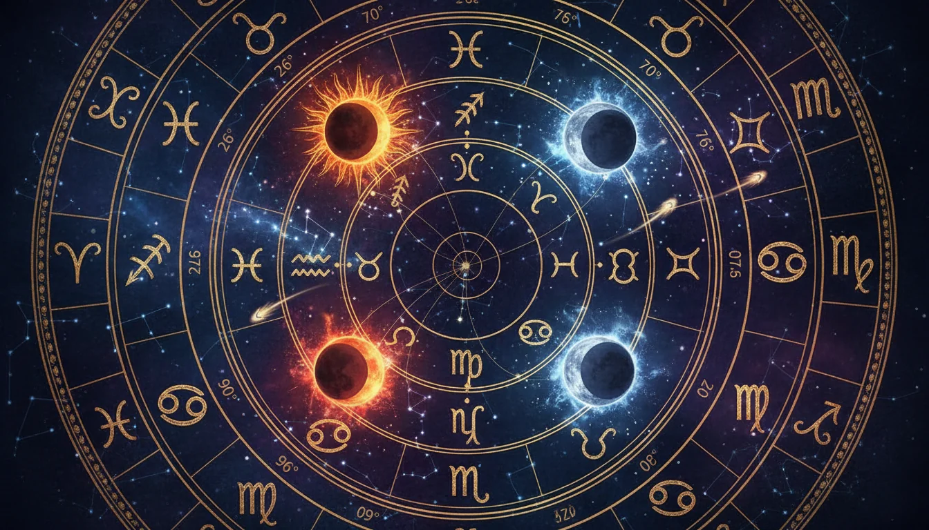 астрологична карта за 2026 година с отбелязани позиции на затъмненията