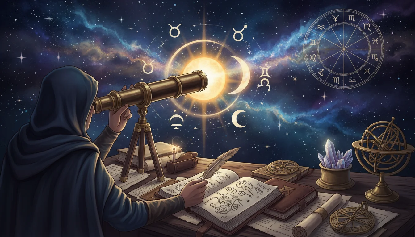 човек, който наблюдава небето с телескоп и води записки в дневник