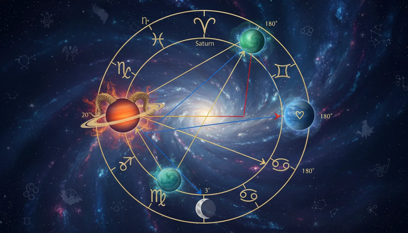 астрологична диаграма показваща аспектите на Сатурн в Овен и връзката му с други планети