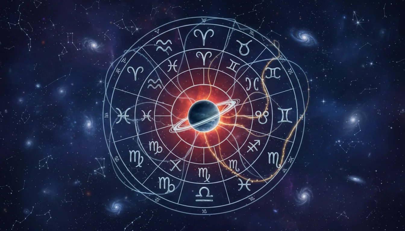 колелото на зодиака с акцент върху Овен и Сатурн, показващо различните нива на влияние върху знаците