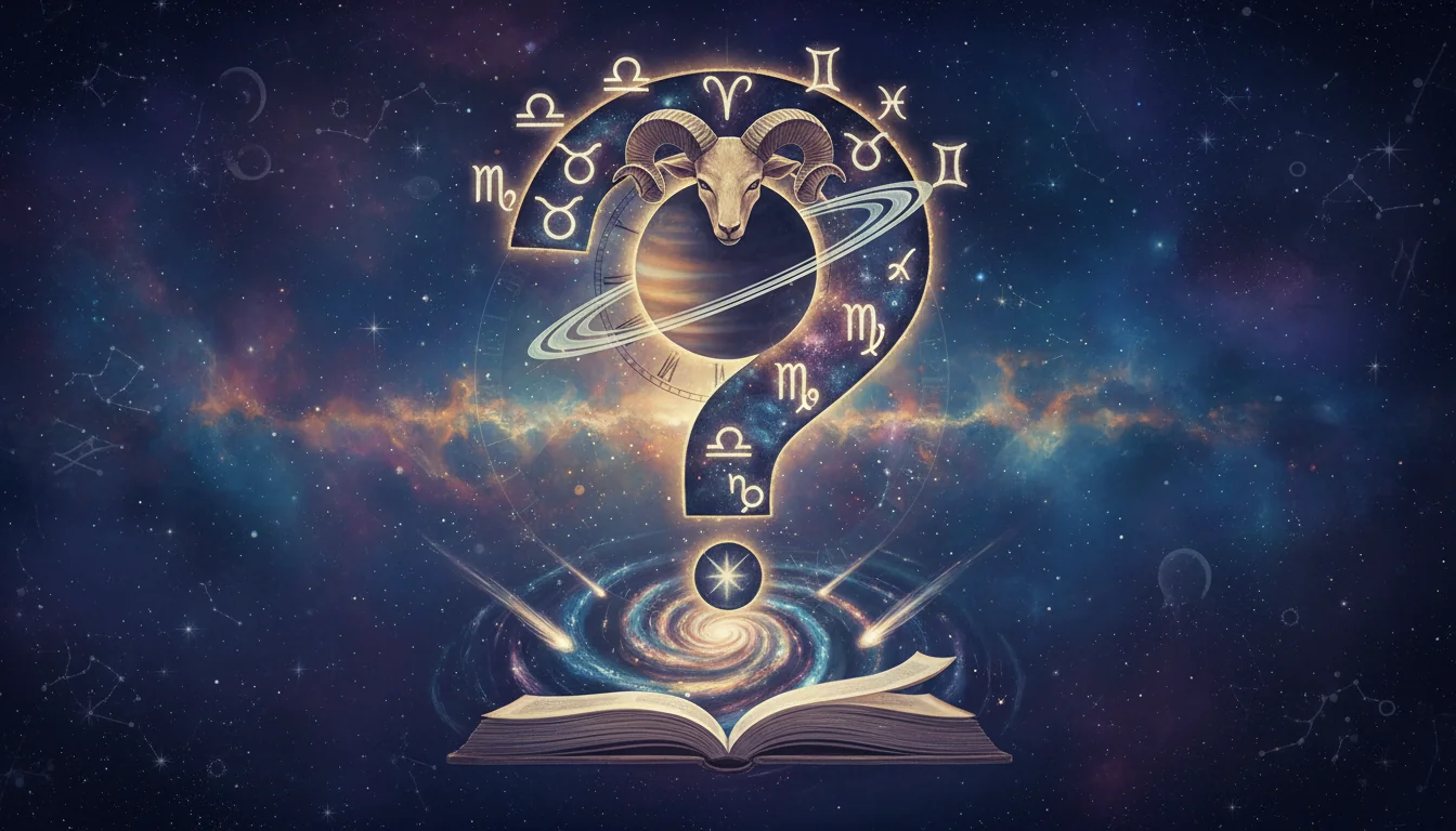 въпросителен знак с астрологични символи и мистична атмосфера