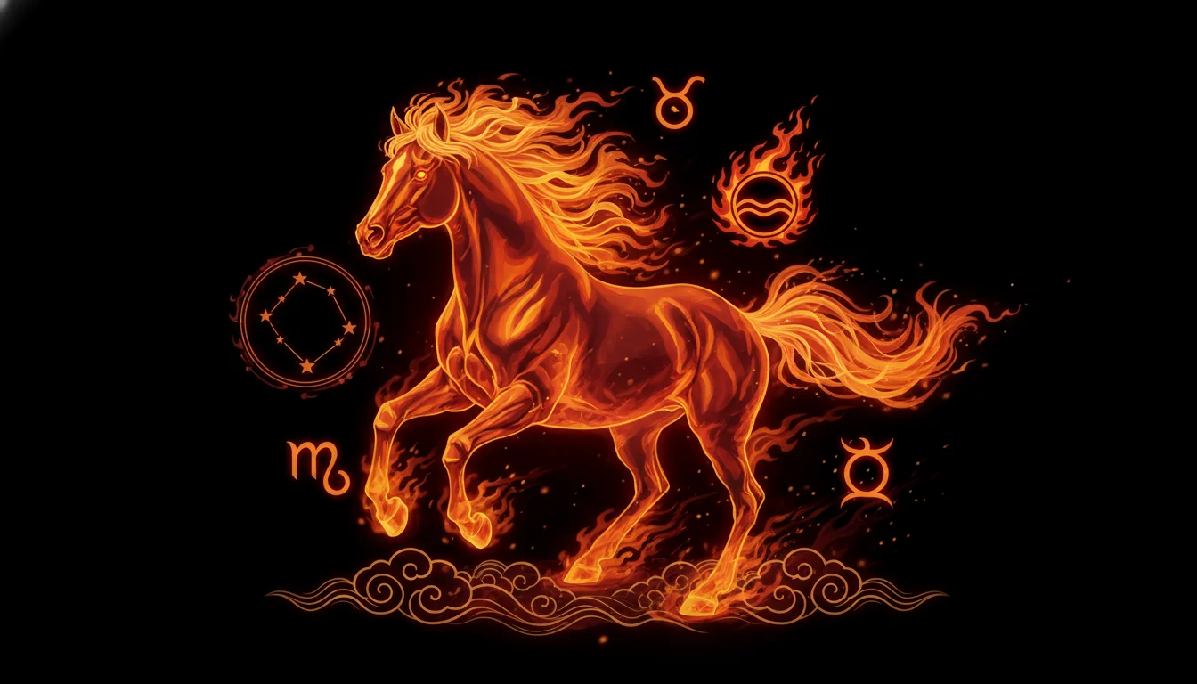 мощен бягащ кон обгърнат в огнени пламъци на черен фон