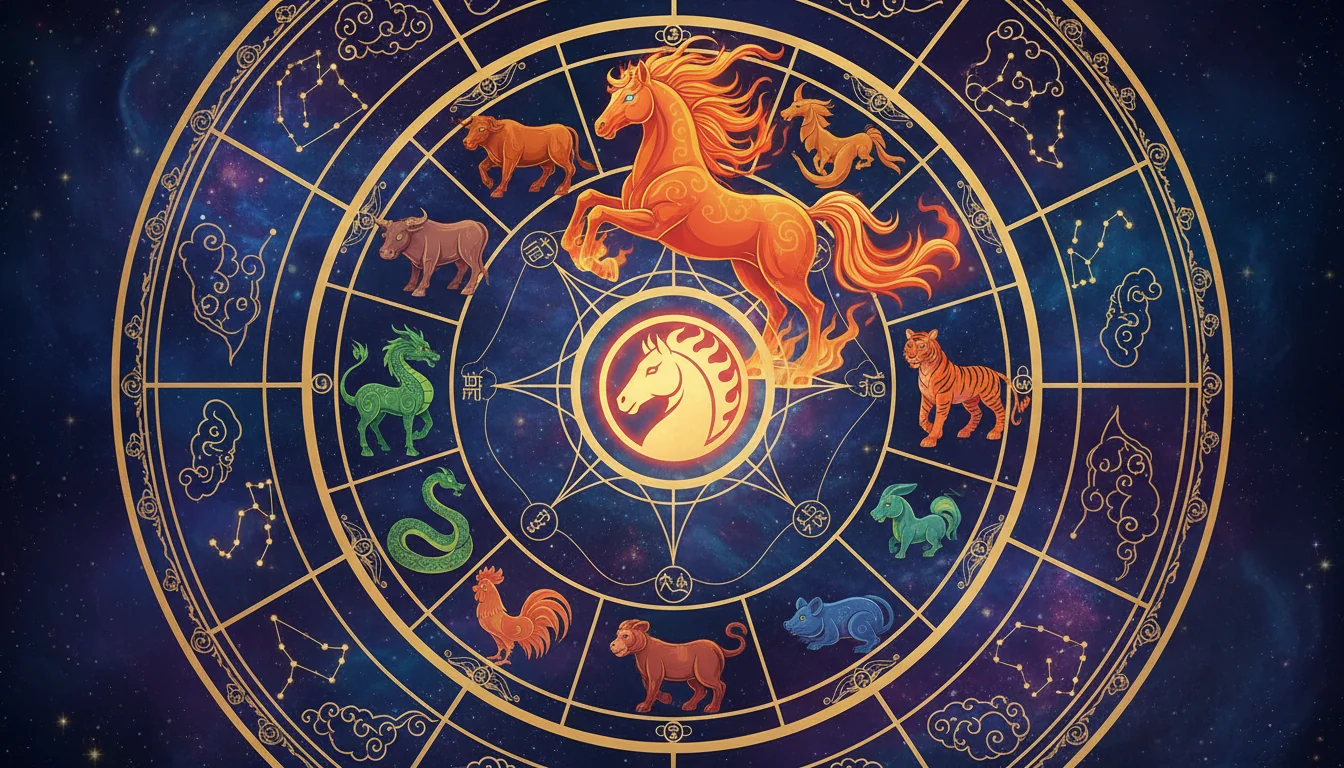 кръг с 12-те животни от китайския зодиак с акцент върху коня