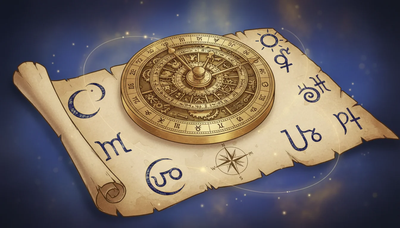 древен астролаб и символи на планетите върху пергамент