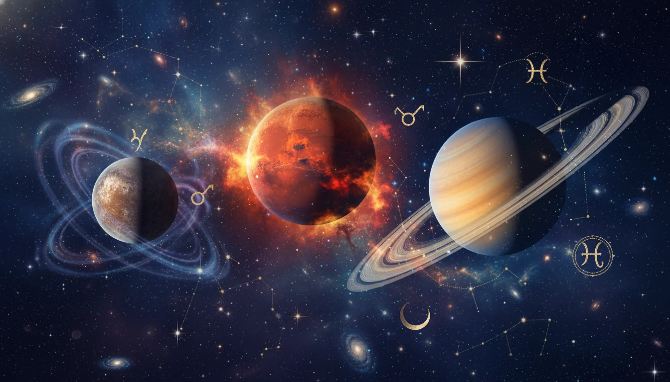 колаж от планетите Меркурий, Марс и Сатурн в космическото пространство