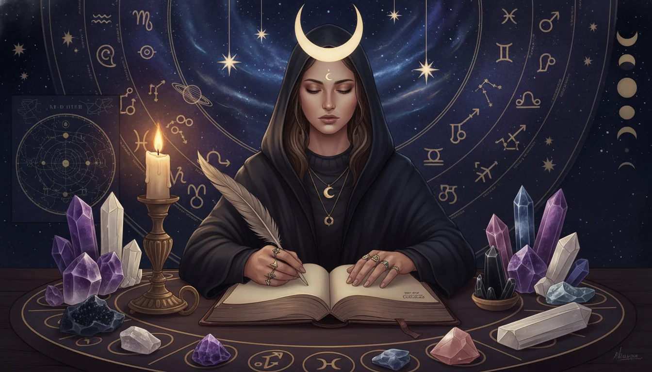 човек, който води дневник под светлината на свещ, заобиколен от кристали