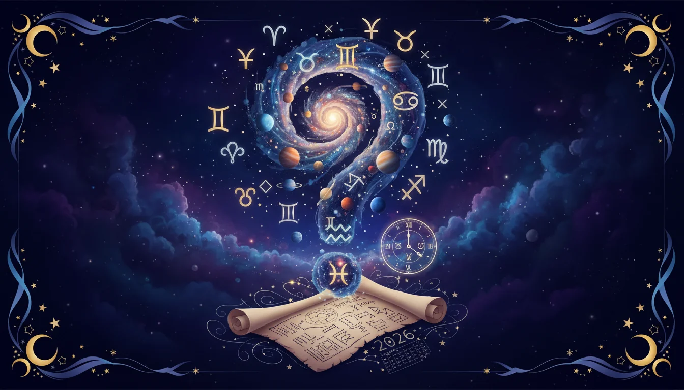 въпросителен знак с астрологични символи и мистична атмосфера