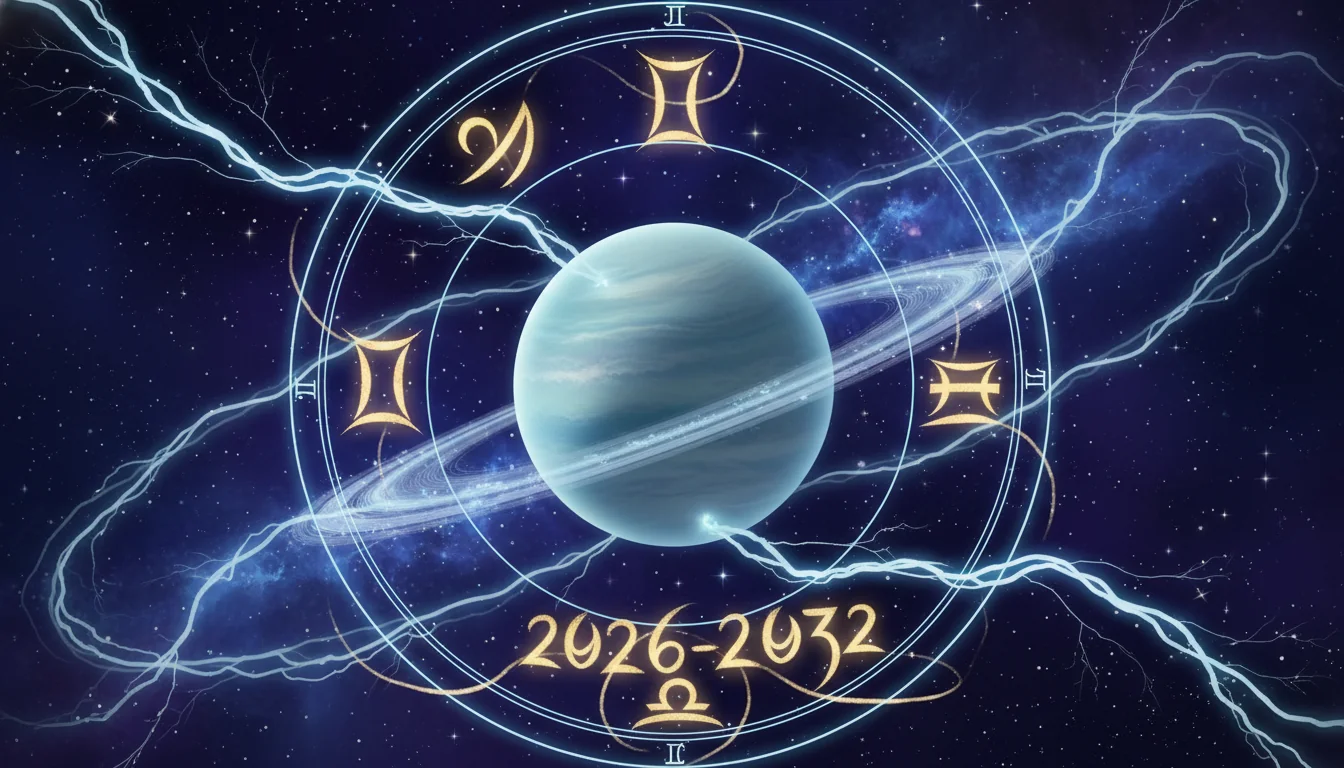 планетата Уран със своите пръстени на фона на звездно небе и мълнии