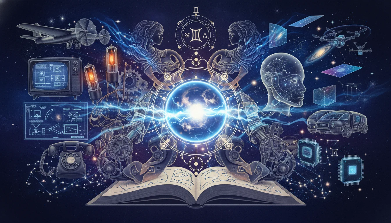 колаж от исторически изобретения от 40-те години и футуристични технологии