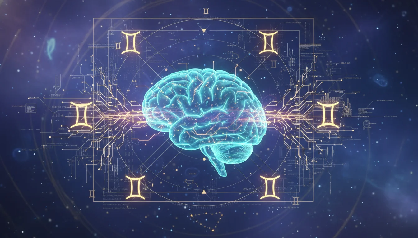 холограма на човешки мозък свързан с компютърна мрежа и символи на Близнаци