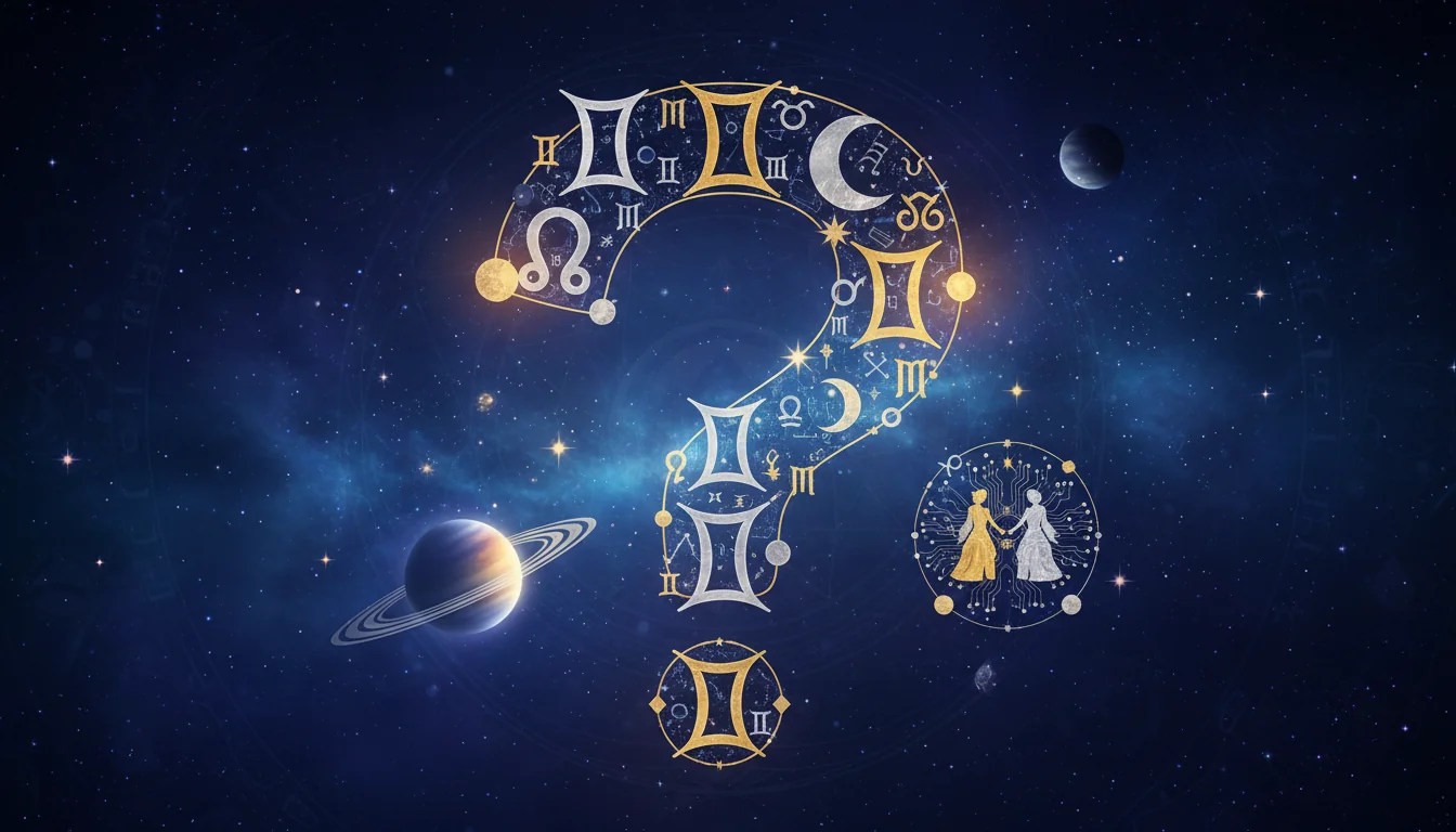 въпросителен знак с астрологични символи и мистична атмосфера