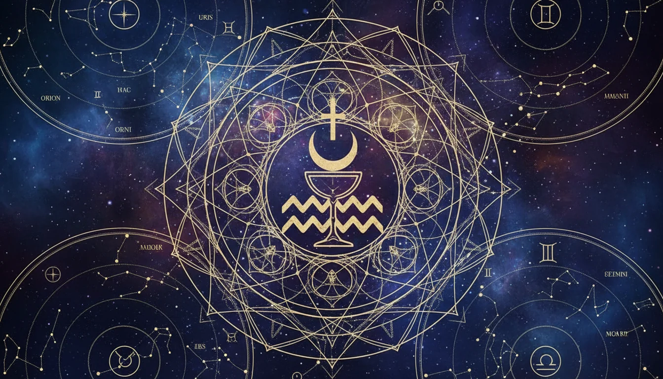 символи на Плутон и Водолей, заобиколени от геометрични фигури и звездни карти