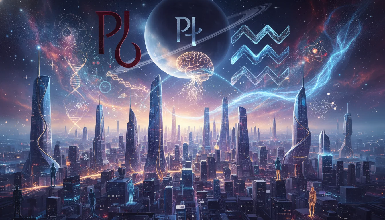 колаж, показващ футуристичен град, хора, свързани чрез невронни мрежи и символи на науката