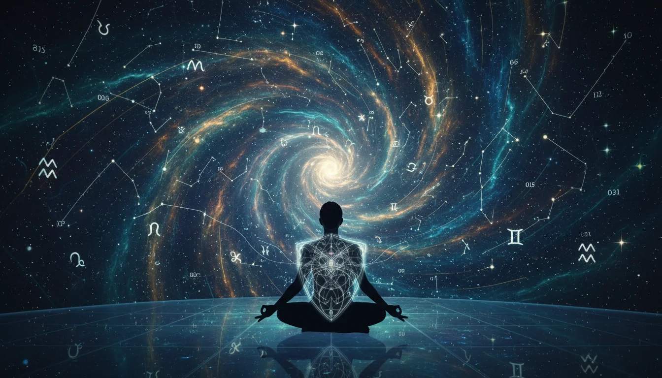 човек, медитиращ пред холографски екран със звездни съзвездия, символизиращ личната адаптация