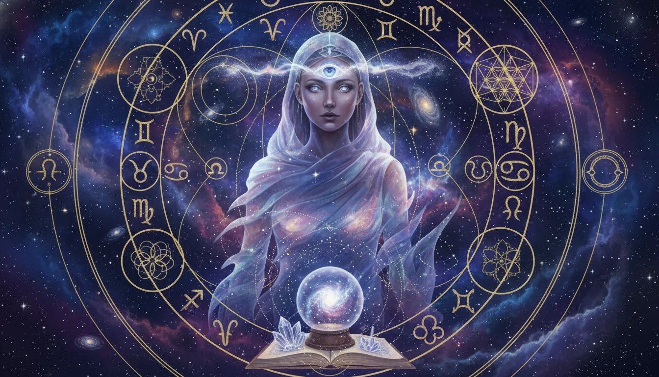 мистична фигура с трето око, обгърната от звездна мъглявина и магически символи