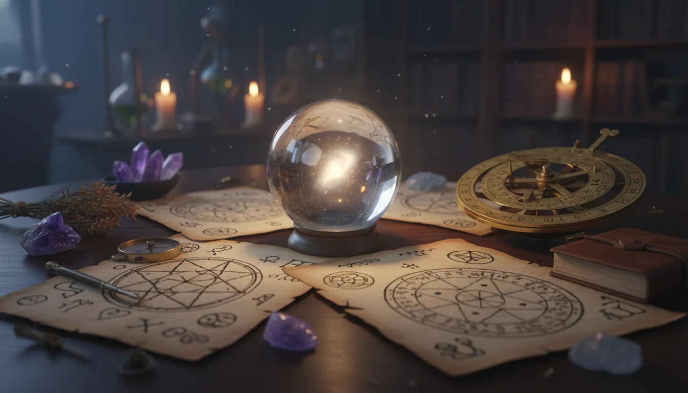 древни ръкописи с окултни символи, кристална топка и астролабия върху дървена маса