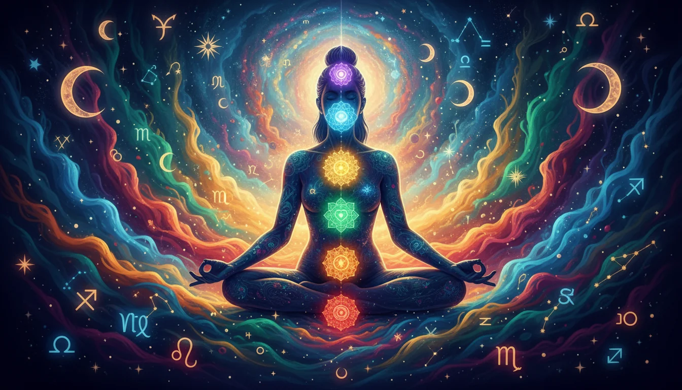 човешка аура с блестящи цветове и активирани чакри по време на медитация