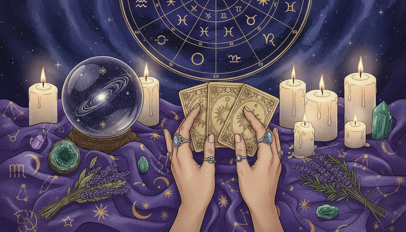 ръце, държащи карти Таро върху лилав копринен плат, заобиколени от свещи и билки