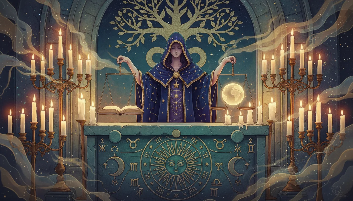 мистична фигура пред олтар със свещи и древни символи, символизираща отговорност и мъдрост