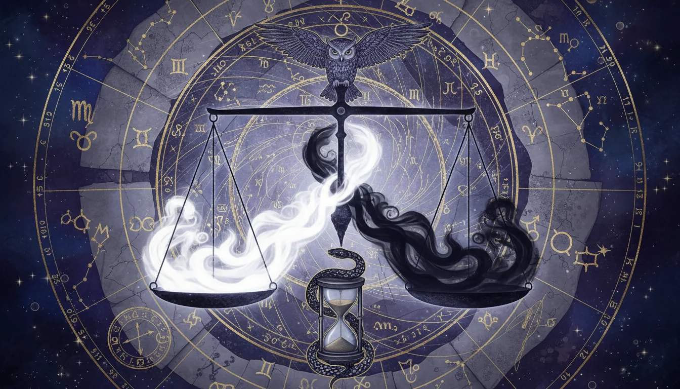 везни балансиращи светлина и сянка върху фон от астрологични карти