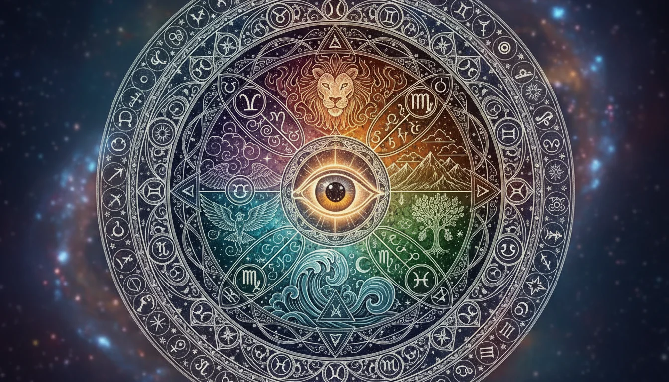 сложна мандала със символи на четирите стихии и централно око на мъдростта