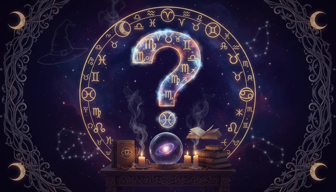 въпросителен знак с астрологични символи и мистична атмосфера